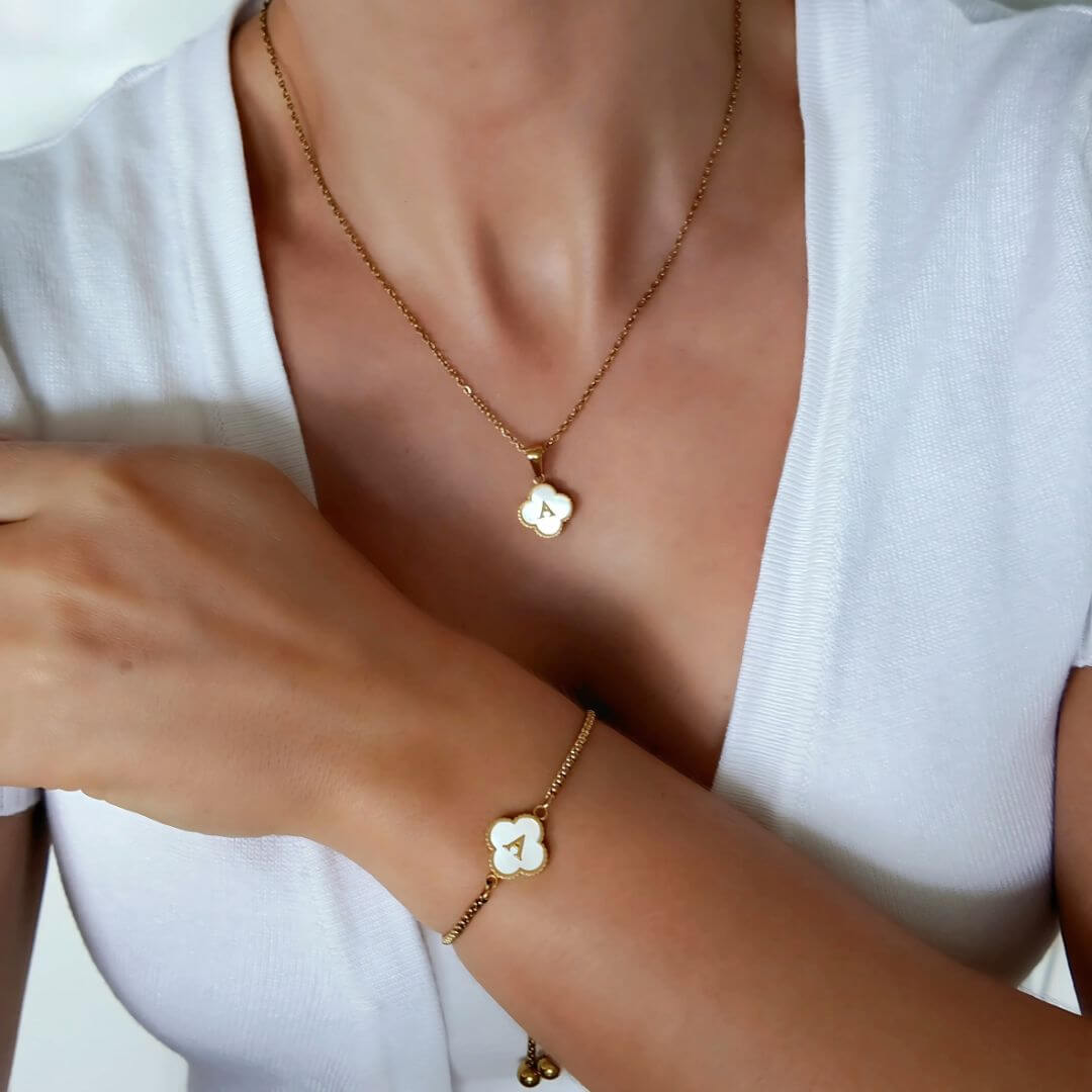 Personalised Clover Initial Necklace Bracelet Set 18K Gold