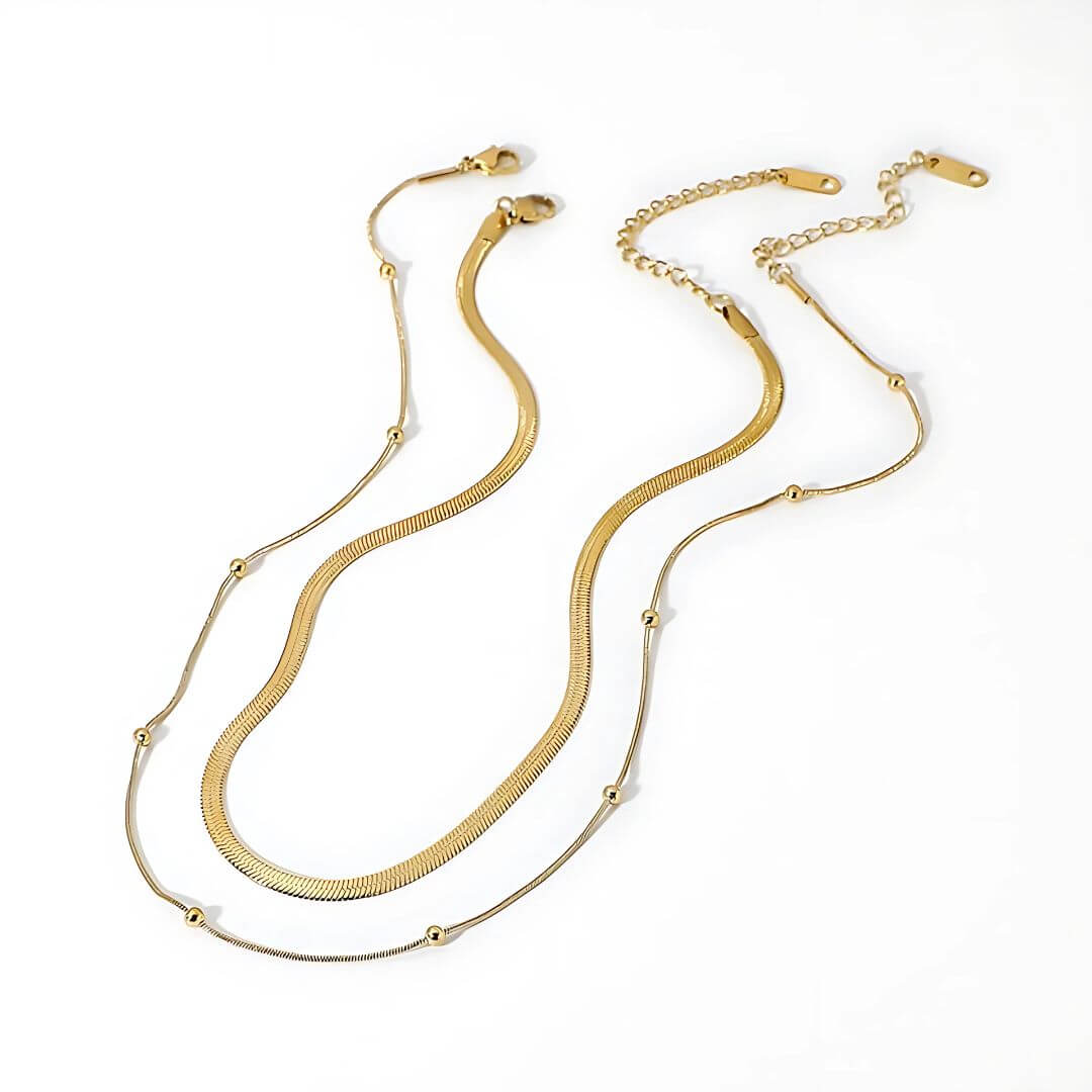 Flat Snake Chain & Beaded Necklace Set